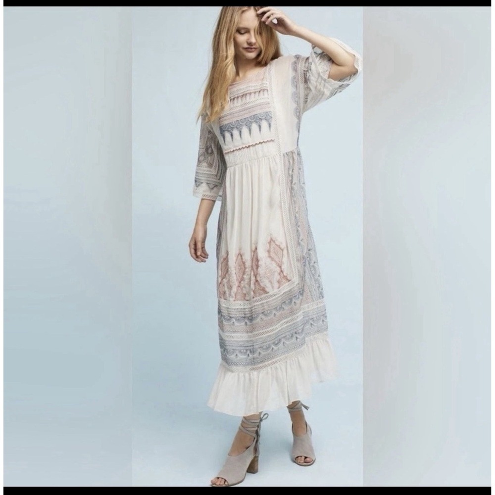 Maeve Anthropologie Maxi S Dress Cream Pink Blue Embroidered Lace Boho Chic TT07